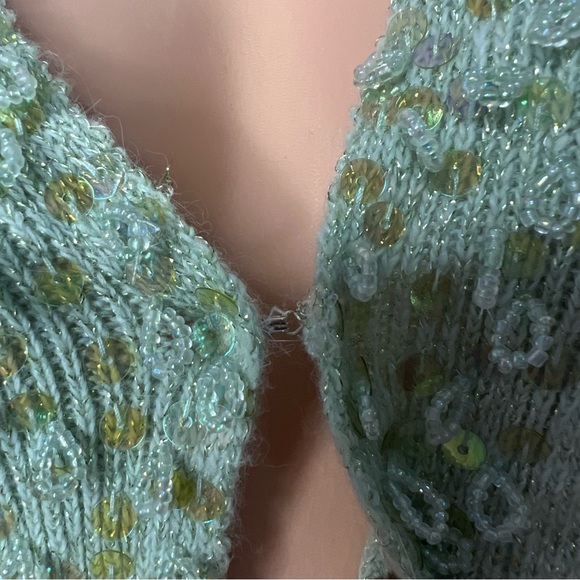 Y2k sparkly green cardigan sequins beaded glitter silver thread fairy π§ vibes - Picture 7 of 14